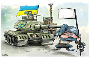 Für einen Marsch auf Kiews Hauptstraße Chreschtschatyk haben die Raschisten einen Paradepanzer und Festuniformen mitgebracht