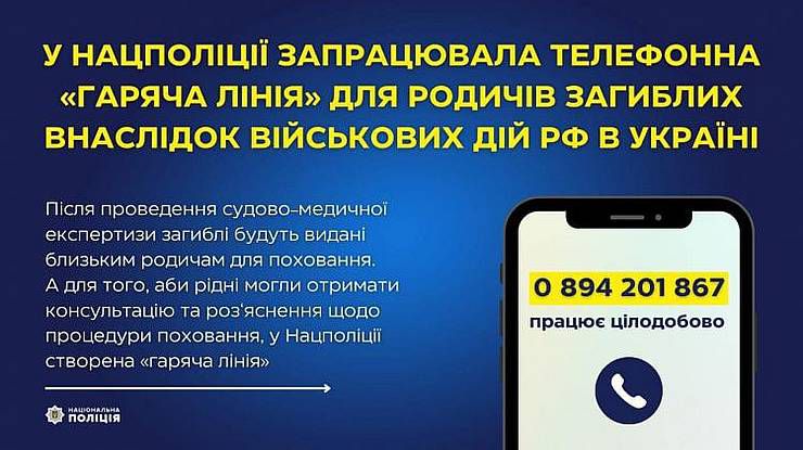 Національна поліція України відкрила «гарячу лінію» для родичів загиблих внаслідок військових дій рф