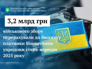 Платники Вінниччини за дев’ять місяців 2025 року сплатили до бюджету 3,2 млрд грн військового збору