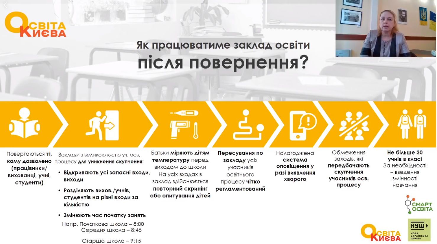 Не більше 30 учнів у класі, за необхідності – навчання у дві зміни
