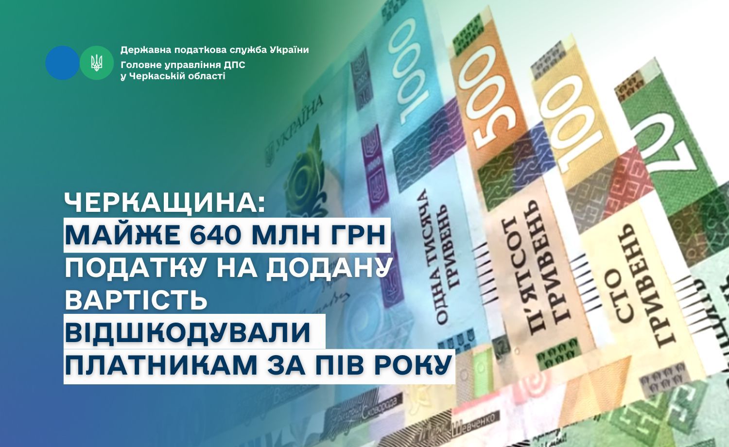 Платникам Черкащини відшкодували майже 640 млн грн ПДВ за пів року
