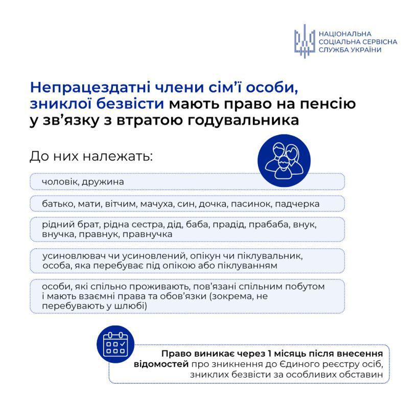 Непрацездатні члени сім’ї особи, зниклої безвісти, мають право на пенсію у зв’язку з втратою годувальника