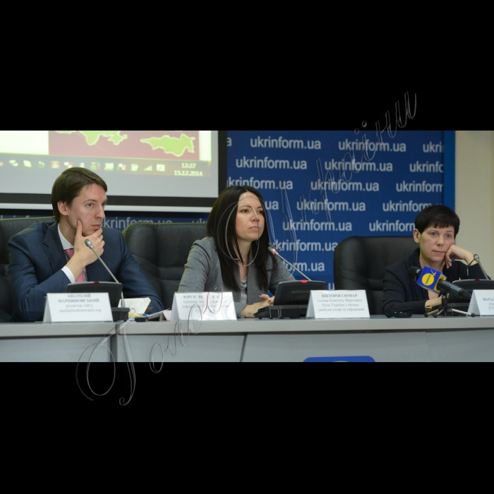 15 грудня 2014. Прес-конференція на тему: «Свобода слова в Україні: нові реалії та старі проблеми» за участі Вікторії Сюмар, голови Комітету ВРУ з питань свободи слова та інформації. МГО «Інтерньюз-Україна» представить результати останнього заміру Індексу свободи медіа в країнах Східного партнерства (Азербайджані, Білорусі, Вірменії, Грузії, Молдові та Україні) за друге півріччя 2014 року. 
Юргіс Вілчінскас, керівник відділу преси та інформації Представництва ЄС в Україні, Вікторія Сюмар, голова Комітету ВРУ з питань свободи слова та інформації,Наталя Лігачова, голова правління ГО «Телекритика»