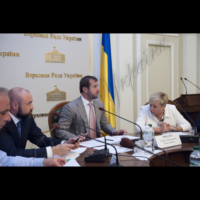 На засіданні Комітету з питань фінансової політики і банківської діяльності Верховної Ради України була присутня голова Національного банку Валерія Гонтарєва
(зліва направо) Тимур Хромаєв (голова Національної комісії з ціних паперів та фондового ринку), Сергій Рибалка (голова профільного комітету), Валерія Гонтарєва (голова Нацбанку);
