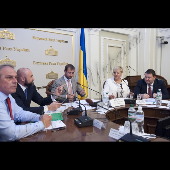 На засіданні Комітету з питань фінансової політики і банківської діяльності Верховної Ради України була присутня голова Національного банку Валерія Гонтарєва
(зліва направо) Ігор Пашко (голова Національної комісії, що здійснює державне регулювання у сфері ринків фінансових послуг), Тимур Хромаєв (голова Національної комісії з ціних паперів та фондового ринку), Сергій Рибалка (голова профільного комітету), Валерія Гонтарєва (голова Нацбанку), Михайло Довбенко (перший заступник голови Комітету);