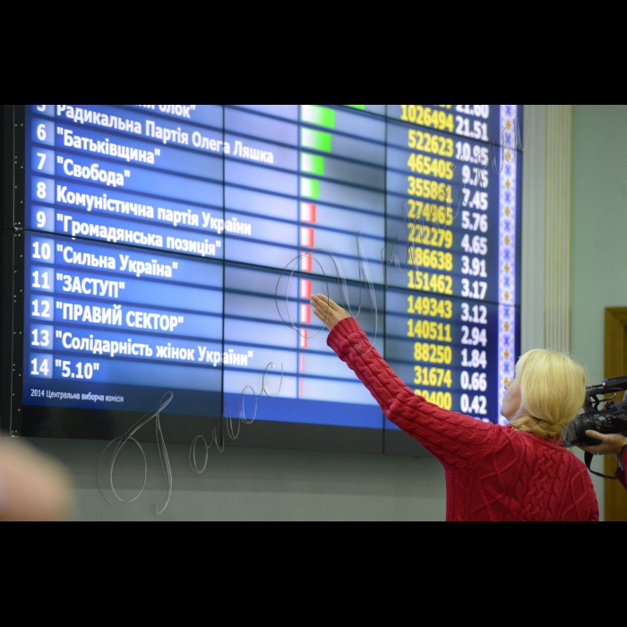 27 жовтня 2014. Брифінг у Центральній виборчій комісії Голови ЦВК Михайла Охендовського щодо попередніх підсумків голосування на позачергових виборах до Верховної Ради України 
