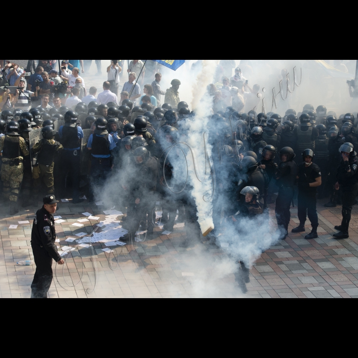 На площі перед ВР відбулися сутички між правоохоронцями і мітингувальниками (прибічниками партій «Свобода», радикальної Партії Олега Ляшка, інших, які висловлювались проти змін до Конституції, які цього дня були винесені на голосування ВР)