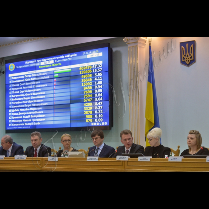 Засідання Центральної виборчої комісії про встановлення та оголошення результатів голосування на Позачергових виборах Президента 25.05.14.
Члени ЦВК Броніслав Райковський, Олександр Шелестов, Тамара Астахова, заступник Голови ЦВК Андрій Магера, Голова ЦВК Михайло Охендовський, заступник Голови ЦВК Жанна Усенко-Чорна, секретар Тетяна Лукаш