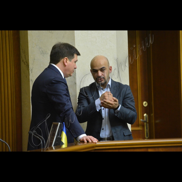 Пленарне засідання Верховної Ради України.
Віце-прем'єр-міністр - Міністр регіонального розвитку, будівництва та ЖКГ України Генадій Зубко, Мустафа Найєм - БПП