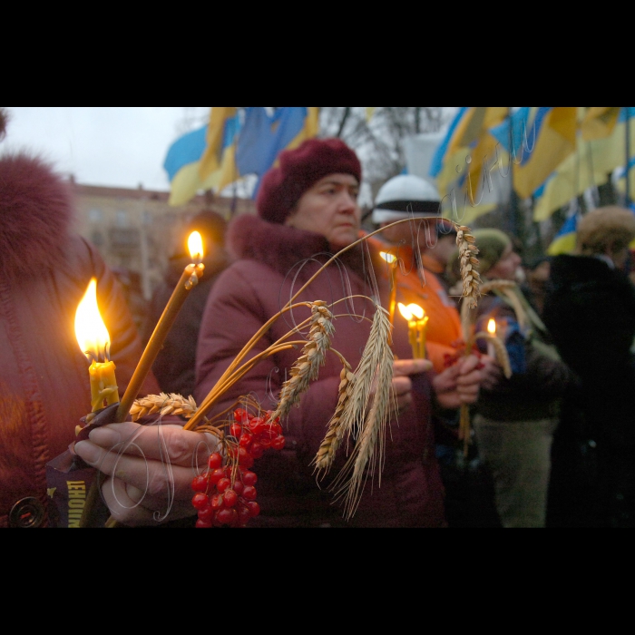 Під час церемонії вшанування пам’яті жертв голодоморів в Києві, в суботу, 27 листопада 2010 р. біля пам’ятника жертвам Голодомору. Цього дня в Україні відбудеться низка меморіальних заходів із вшанування пам’яті жертв Голодомору 1932 -- 1933 років. Щорічно у четверту суботу листопада в Україні відзначається День пам’яті жертв голодоморів і політичних репресій.