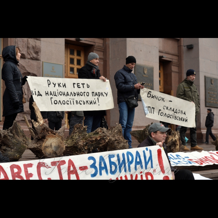 27 жовтня 2016 біля КМДА відбулась акція під час якої на сходах КМДА громадські активісти виставили кілька десятків пеньків з місця вирубки лісу в урочищі Бичок, яке знаходиться у Національному природному парку “Голосіївський”.
