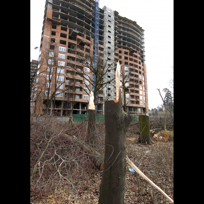 11 березня 2009 Київ, проспект Перемоги. Вирубано дерева під будівництво.
У столичному сквері імені Василя Стуса (проспект Перемоги, 119) невідомі зловмисники вночі зрізали понад 100 дерев, серед яких сосни та дуби віком більше 100 років. Про це повідомив юрист суспільної організації «Зелений світ» Роман Титикало.
«Громадські активісти не дали повністю знищити сквер, але зеленим насадженням було завдано непоправної шкоди», - заявив Титикало.