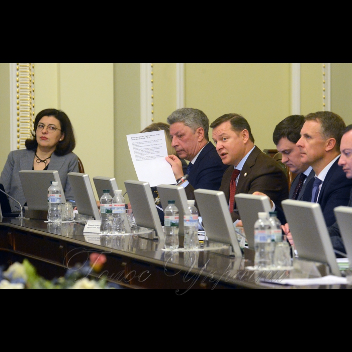 5 лютого 2018 засідання Погоджувальної ради у Верховній Раді України. Оксана Сироїд, Юрій Бойко (ОП), Олег Ляшко (РП), Валерій Писаренко (Відродження), Ярослав Москаленко (Воля).