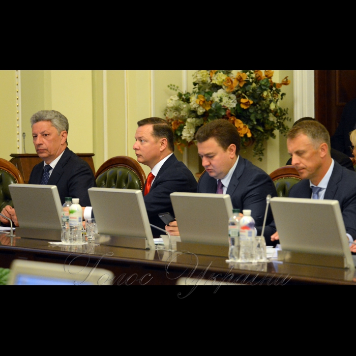 14 травня 2018 засідання Погоджувальної ради у Верховній Раді України. Юрій Бойко (ОП), Олег Ляшко (РП), Віктор Бондар (Відро), Ярослав Москаленко (Воля).