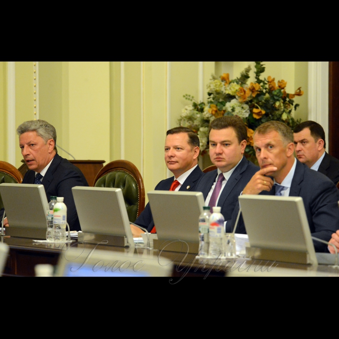 14 травня 2018 засідання Погоджувальної ради у Верховній Раді України. Юрій Бойко (ОП), Олег Ляшко (РП), Віктор Бондар (Відро), Ярослав Москаленко (Воля).