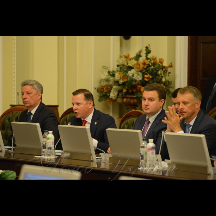 14 травня 2018 засідання Погоджувальної ради у Верховній Раді України. Юрій Бойко (ОП), Олег Ляшко (РП), Віктор Бондар (Відро), Ярослав Москаленко (Воля).