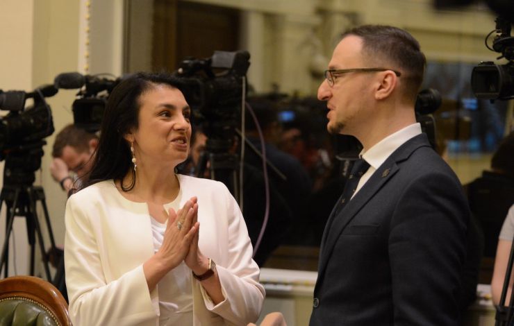 22 квітня 2019 засідання погоджувальної ради у Верховній Раді України. Вікторія Войціцька (Сам.), Олексій Рябчин (Б).