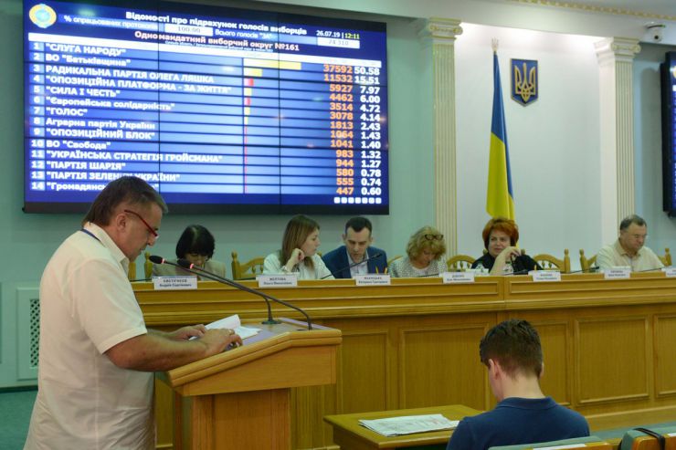 26 липня 2019 засідання Центральної виборчої комісії на якому продовжується розгляд поточних питань, в тому числі прийняття та оголошення протоколів ОВК про підсумки голосування у загальнодержавному окрузі в межах одномандатного округу та протоколи ОВК про підсумки голосування в одномандатному окрузі на позачергових виборах народних депутатів України 21 липня 2019 року.